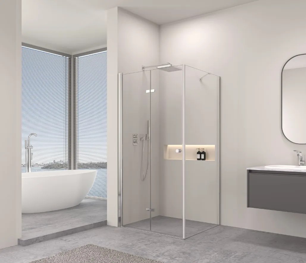 Erga Berlin, sprchový kút so skladacími dverami 120(dvere) x 120(stena) x 195 cm, 6mm číre sklo, chrómový profil, ERG-V02-BERLIN-D120G120-CL-CR