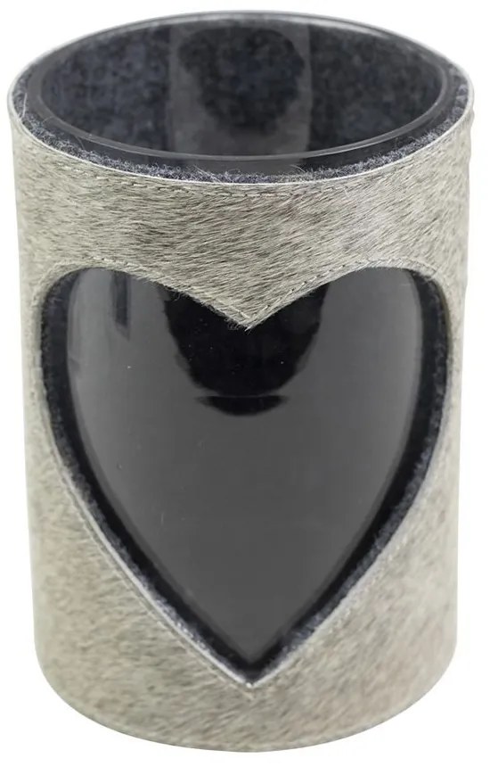 Šedý svietnik z kravskej kože s motívom srdca - Ø 15 * 20,5cm