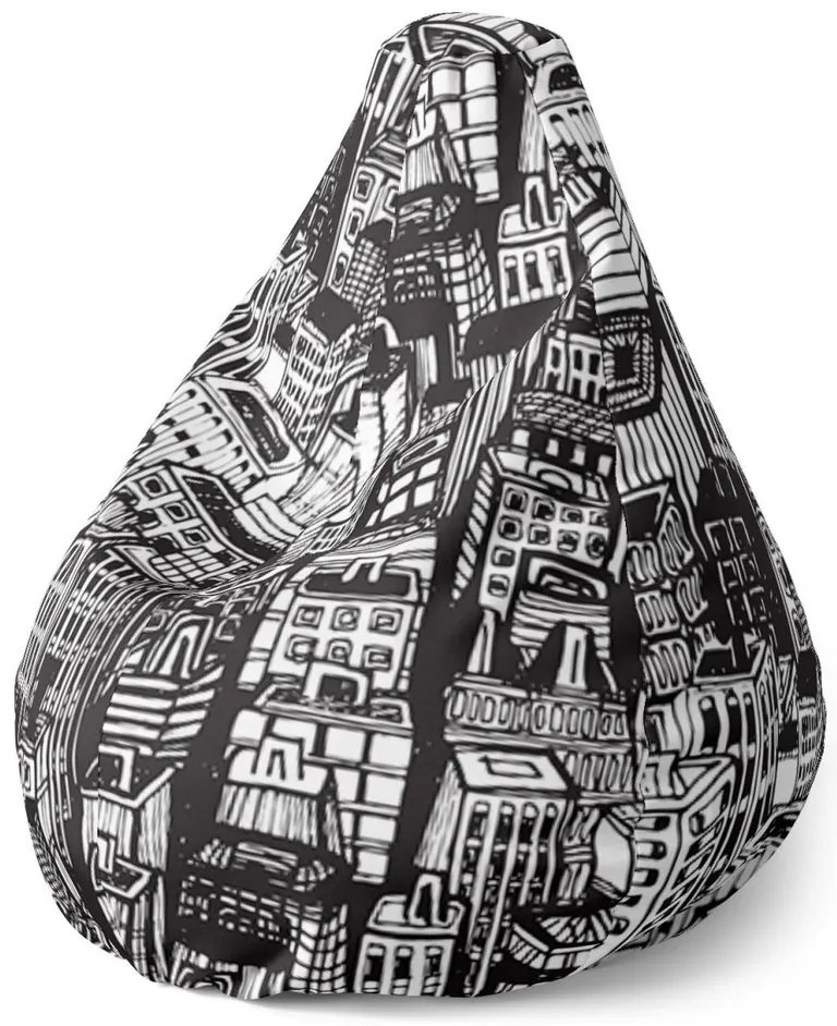 Sedací vak Pear kreslené mrakodrapy - detský, čierna / biela