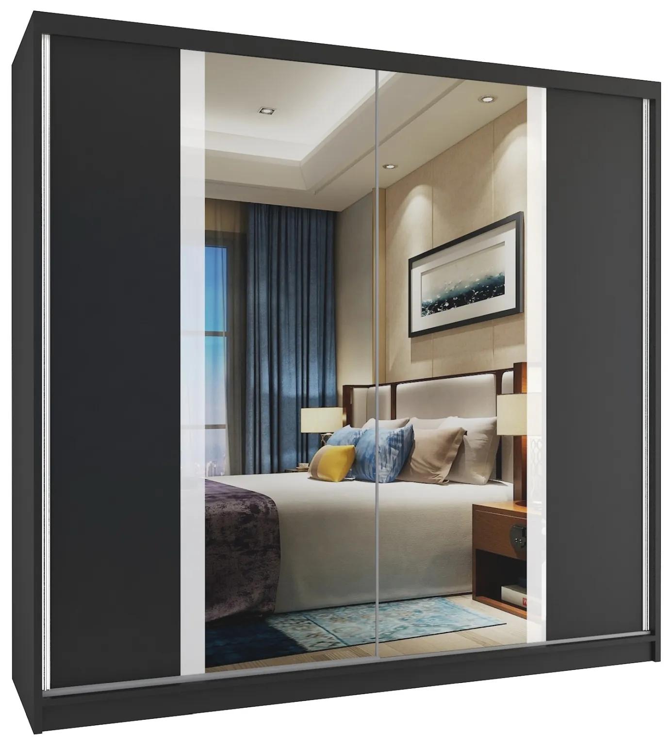 Šatníková skriňa 200 cm Belini čierny mat s posuvnými dverami a zrkadlom  MV SZP1/1/B/B/W/HIHI