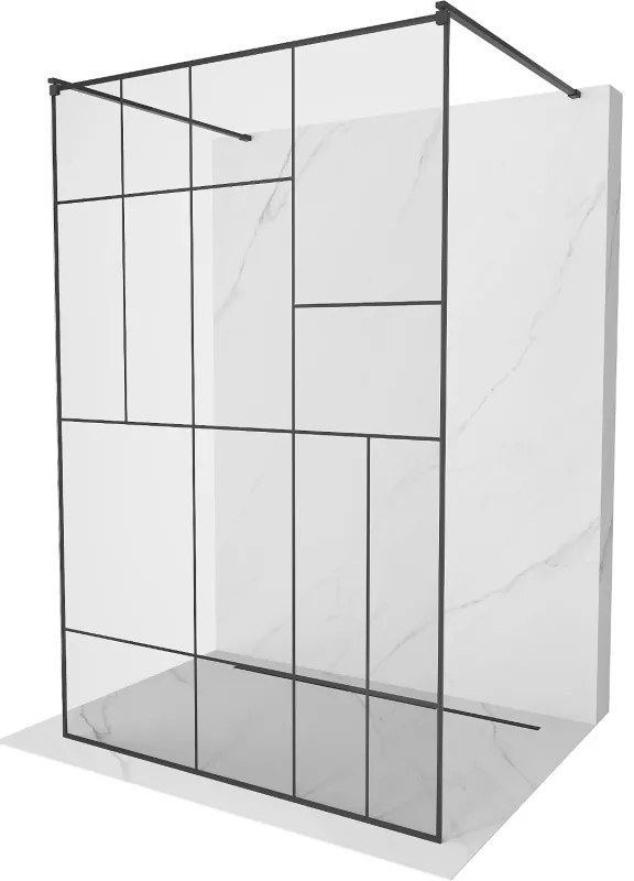 Mexen Kioto, priechodná sprchová zástena 120 x 200 cm, 8mm sklo číre/čierny vzor, 2x čierna stabilizačná rozpera, 800-120-002-70-78