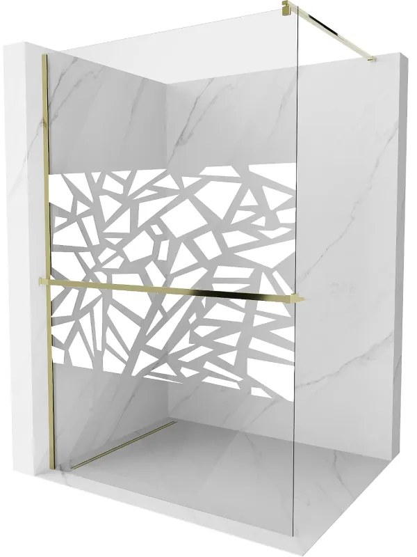 Mexen Kioto+, sprchová zástena s poličkou a držiakom na uteráky 90 x 200 cm, 8mm číre sklo vzor biely, zlatý profil 800-090-121-50-85