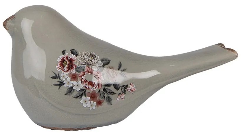 Šedý keramický dekoračný vtáčik s kvetmi Floria L - 25*10*13 cm