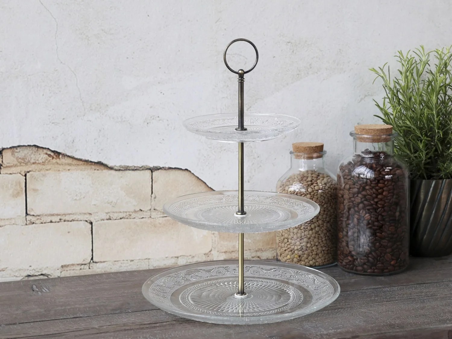 Sklenený 3-poschodový etažér so zdobením Lace glass - Ø 26*35 cm