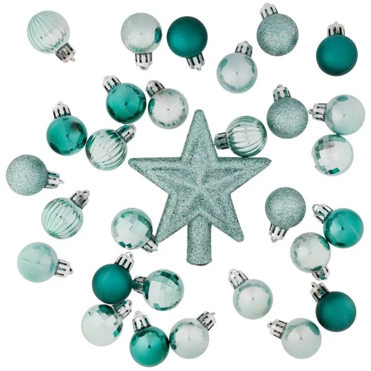 DECOLED Sada ozdôb, 29x 3cm guľa, 1x trblietavý hrot, nefritovo zelená