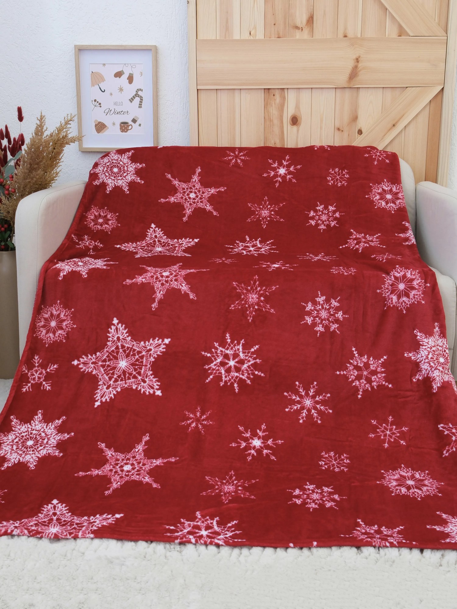 Deka mikroplyš Exclusive 150 × 200 cm – Snehové vločky červené