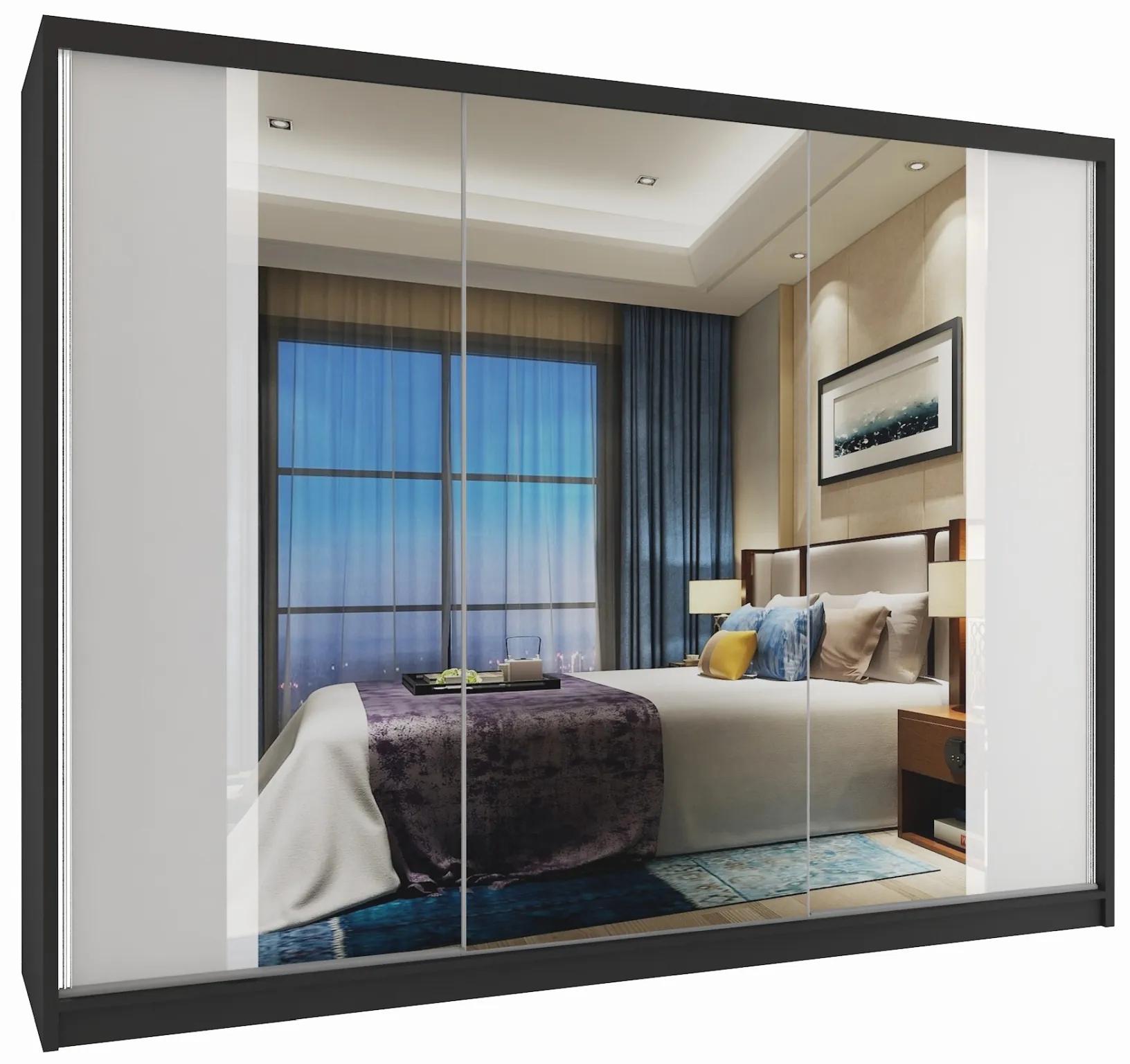 Šatníková skriňa 232 cm Belini čierny mat / biely mat s posuvnými dverami a zrkadlom MV SZP4/2/1B/2W1L/W/HI