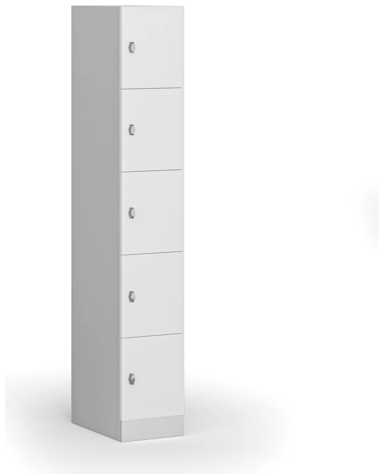 Šatníková skrinka s úložnými boxmi, 5 boxov, 1850 x 300 x 500 mm, otočný zámok, laminované dvere, biela