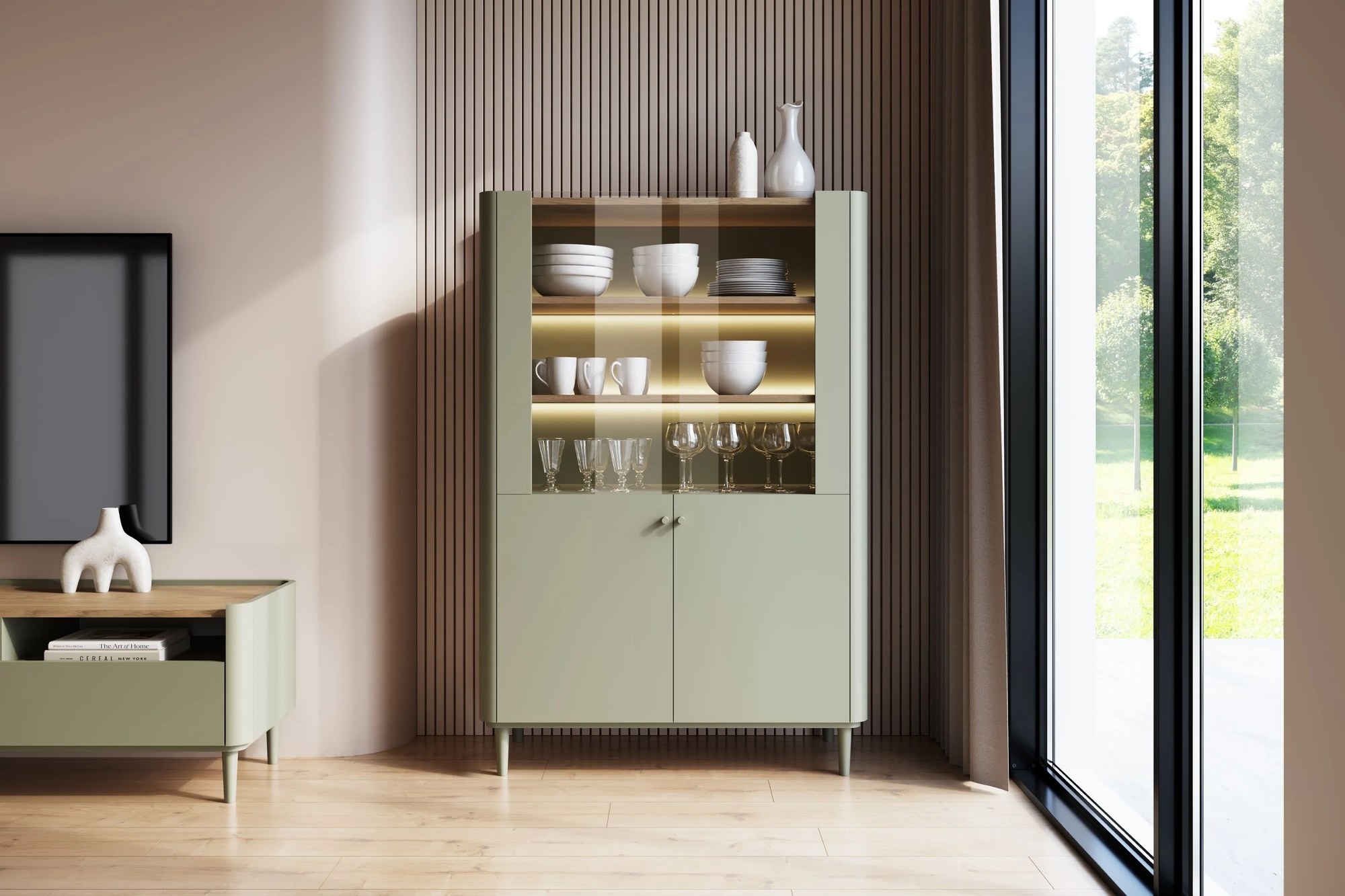 Vitrína Elivo 100 cm na nožičkách - eukalyptus / dub baltic dune