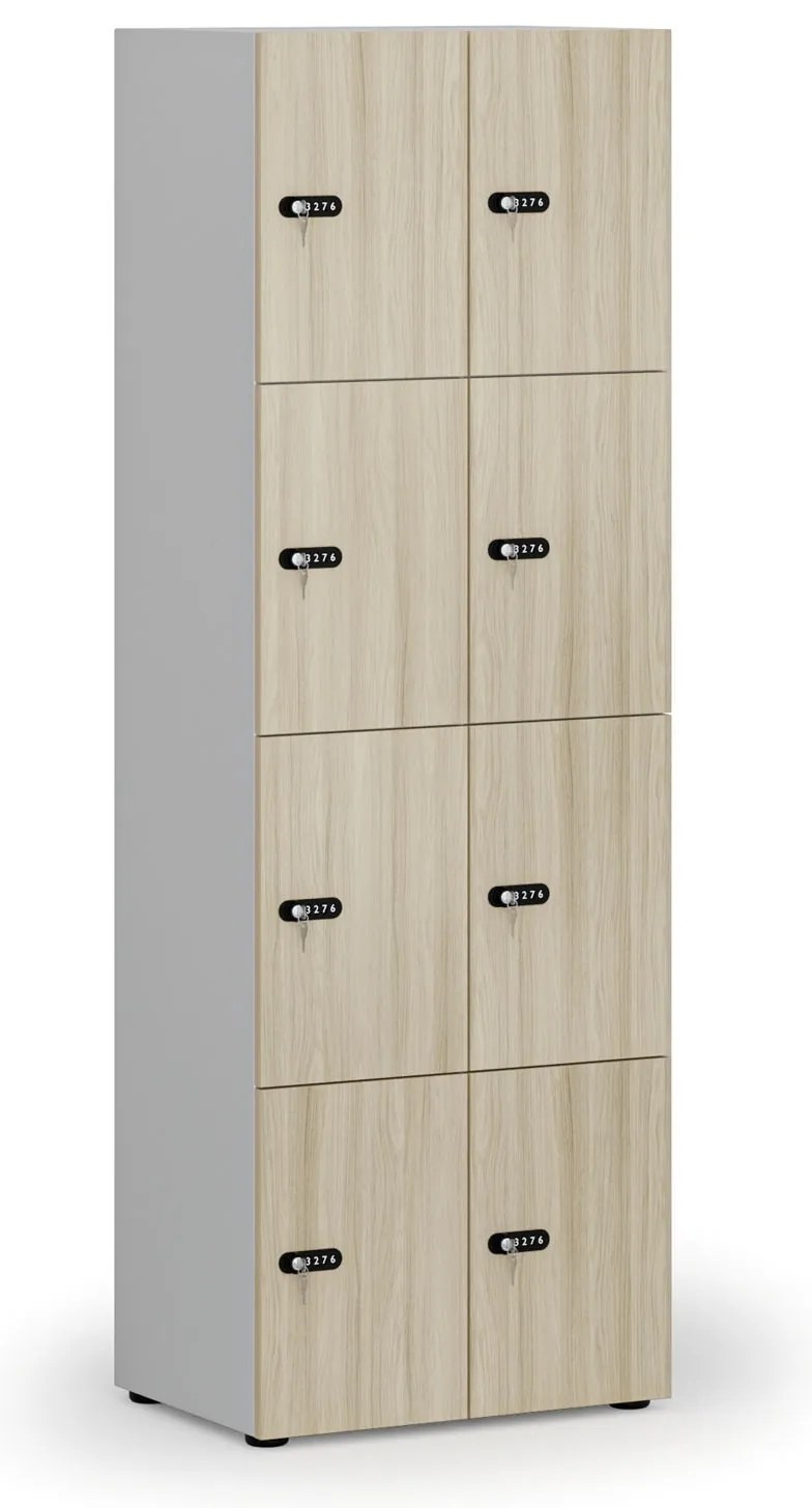 Drevená šatníková skrinka s úložnými boxmi, 8 boxov, mechanický kódový zámok, sivá/dub prírodný