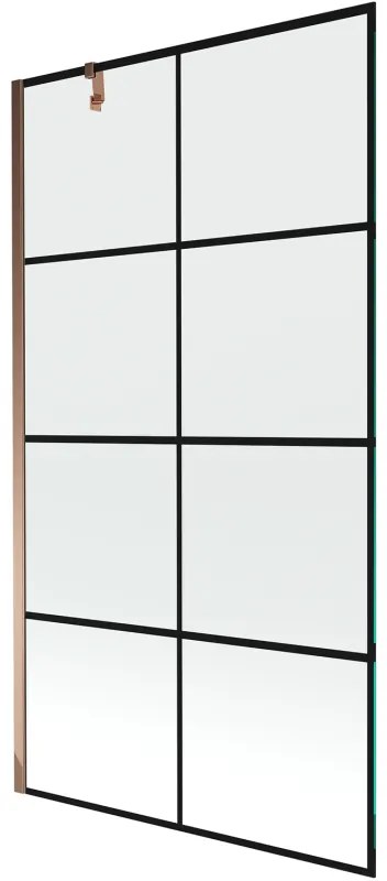 Mexen Next, vaňová zástena 1-krídlová 100 x 150 cm, fixné krídlo, 6 mm číre sklo s čiernym vzorom, ružové zlato profil, 895-100-000-00-77-60