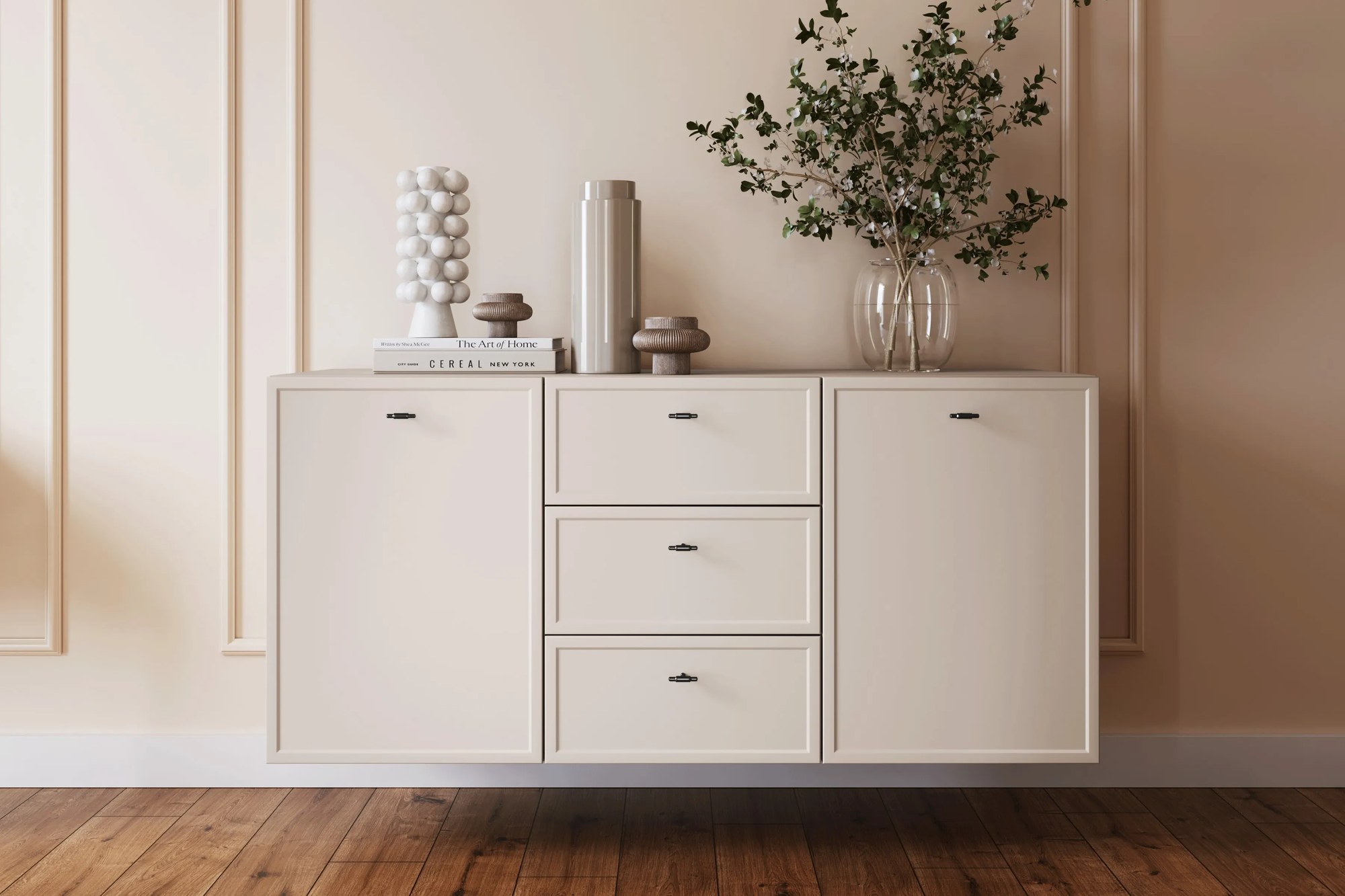 Závesná komoda Lorini 150 cm - kašmírová / čierne úchytky T