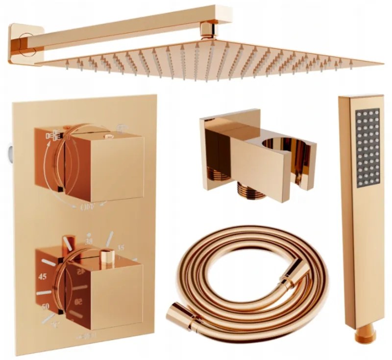 Mexen Cube, podomietková sprchová sada DR02 s dažďovou sprchou 25x25 cm, ružové zlato, 77502DR0225-60