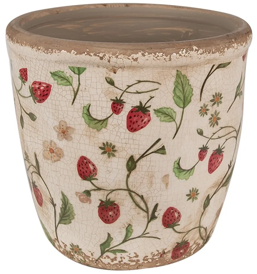 Béžový keramický obal na kvetináč s jahôdkami Wild Strawberries L - Ø 16*16 cm