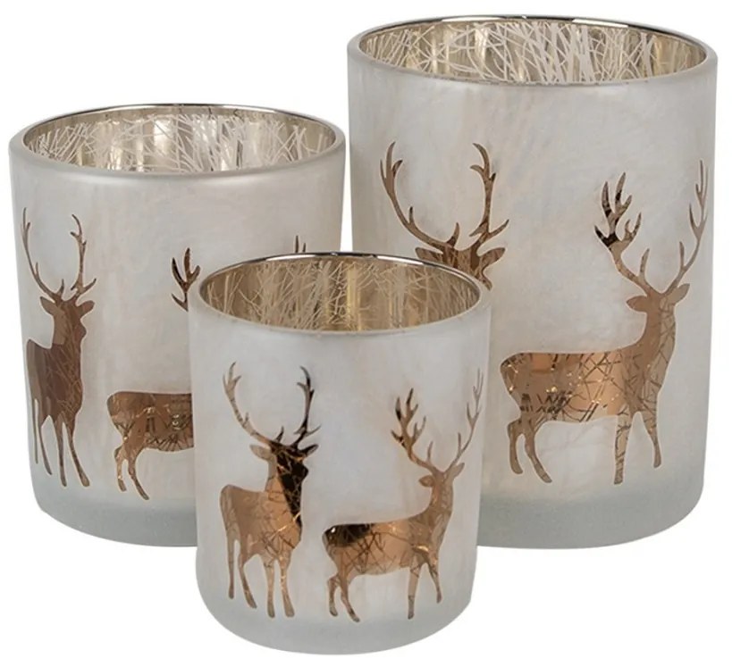 Set 3ks bielo-zlatý sklenený svietnik s jeleňmi - Ø 7*8 / Ø 9*10 / Ø 10*12 cm