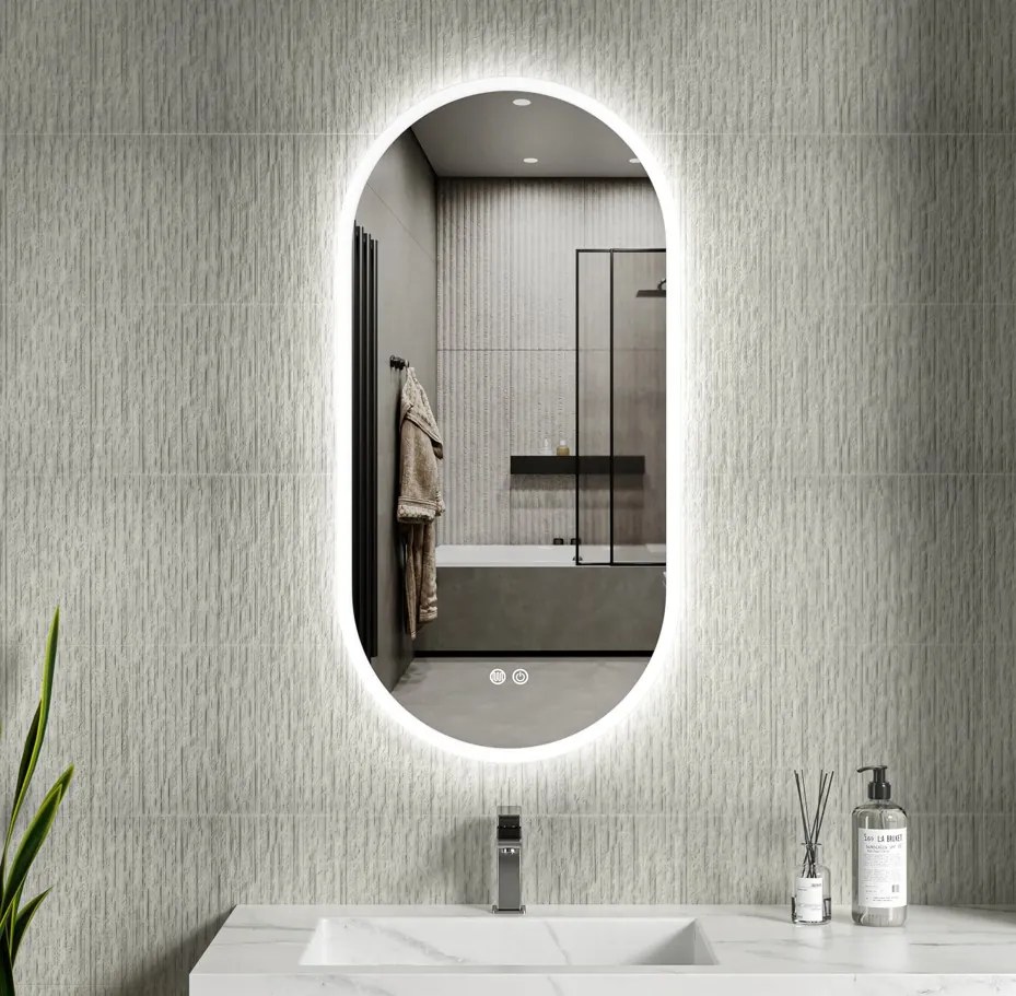 Erga Demi, oválne LED zrkadlo 50x100cm, 3 farby svetla, predné osvetlenie, vyhrievacia podložka proti zapareniu, ERG-V01-DEMI-5010-CL