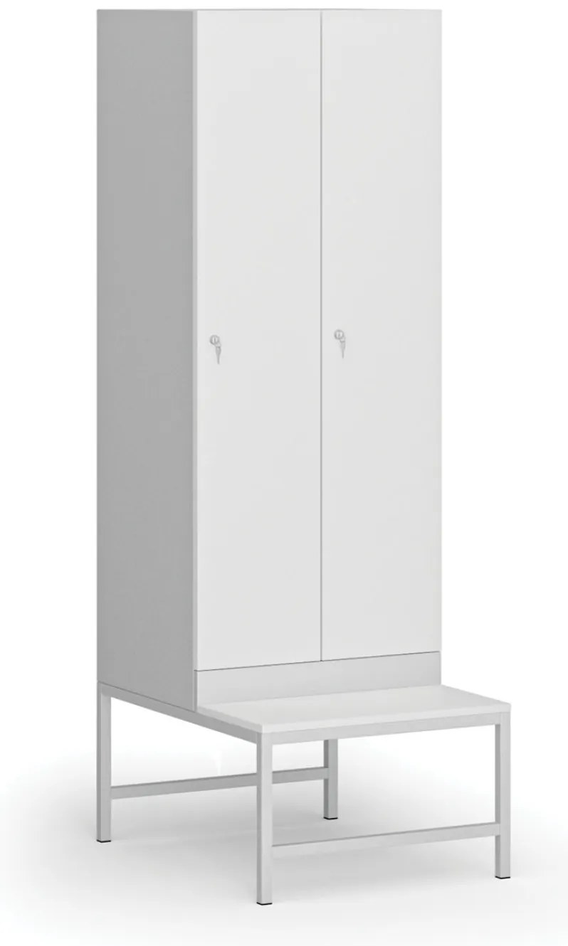 Šatníková skrinka S1 s lavičkou, 2 oddiely, 1875 x 600 x 500/800 mm, demont, cylindrický zámok, laminované dvere, biela