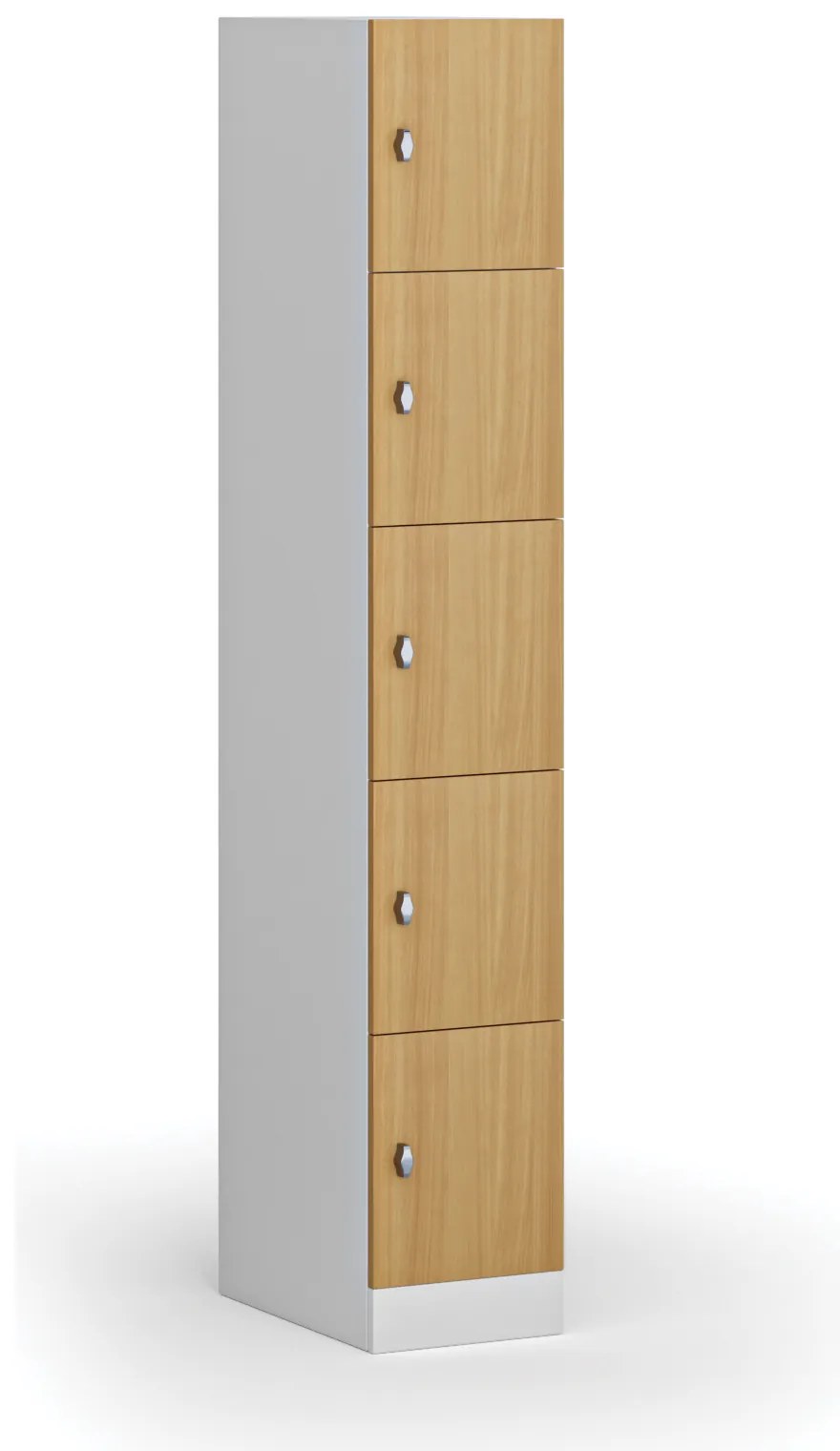 Šatníková skrinka S1 s úložnými boxmi, 5 boxov, 1850 x 300 x 500 mm, demont, otočný zámok, laminované dvere, buk