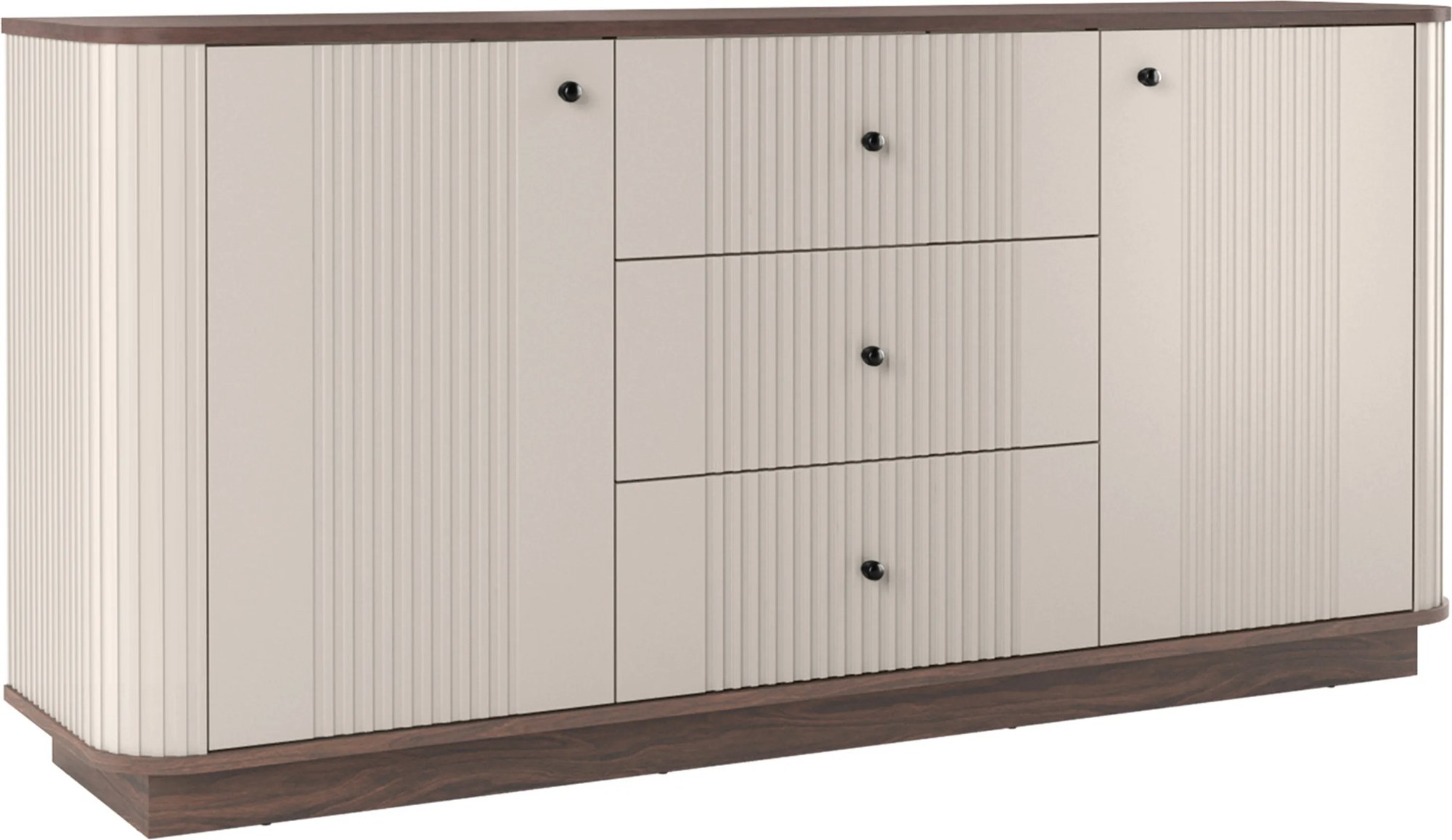 Komoda Vesper 160 cm so zásuvkami na sokli - kašmír / orech / čierne úchytky