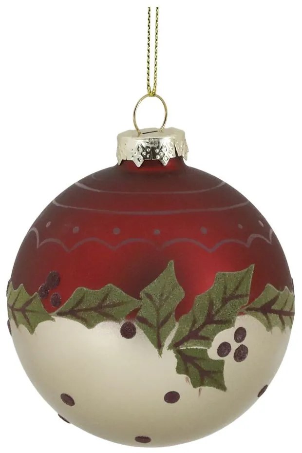 Červená sklenená vianočná ozdoba gule s imelom - Ø 8 cm