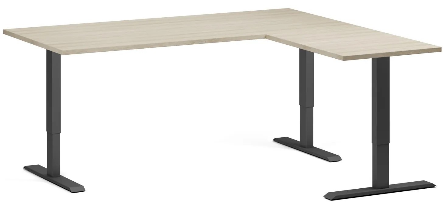 Výškovo nastaviteľný stôl, 180x160 cm, 3 motory, L/P, čierna podnož, dub prírodný