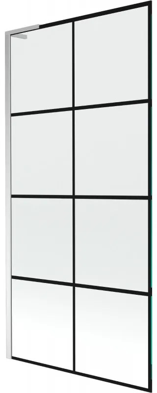 Mexen Next L, 1-krídlová vaňová zástena 90 x 150 cm, 6mm číre sklo-čierny vzor, chrómový profil, 895-090-000-03-77-01