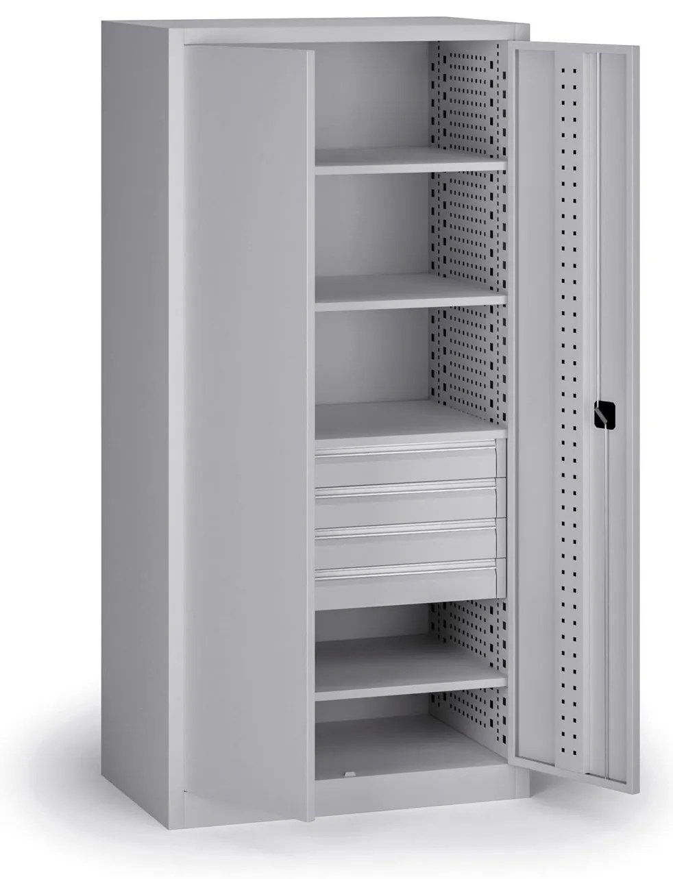 Policová dielenská skriňa na náradie KOVOS, 4 police, 4 zásuvky, perforovaná, 950 x 600 x 1950 mm, sivá
