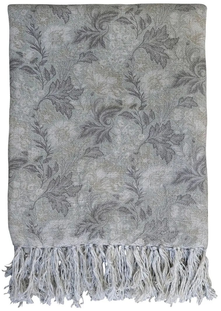 Béžovo-zelený ľanový pléd so kvetovaným vzorom a strapcami French floral - 130*170 cm