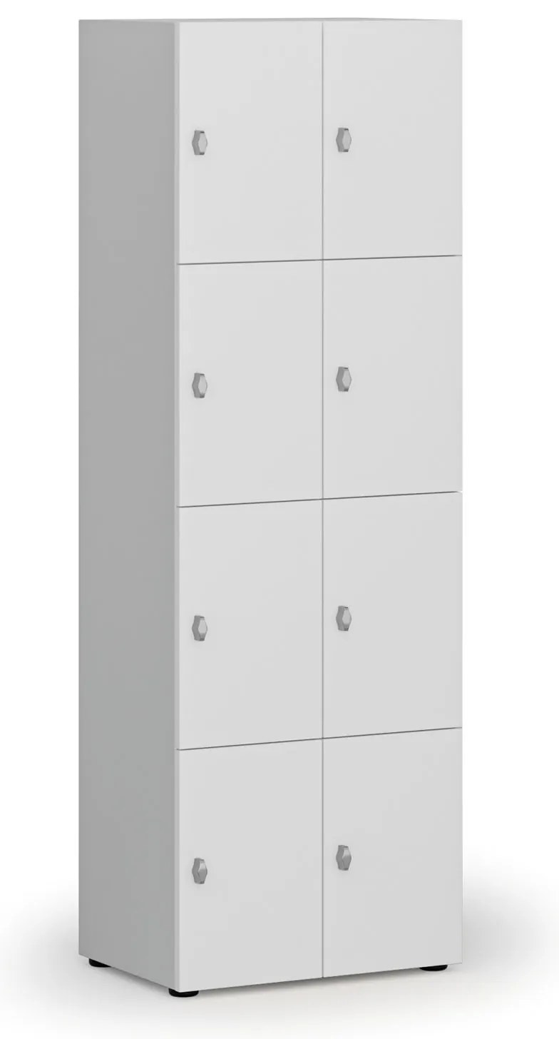 Drevená šatníková skrinka S4 s úložnými boxmi, 8 boxov, demont, otočný zámok, sivá/biela