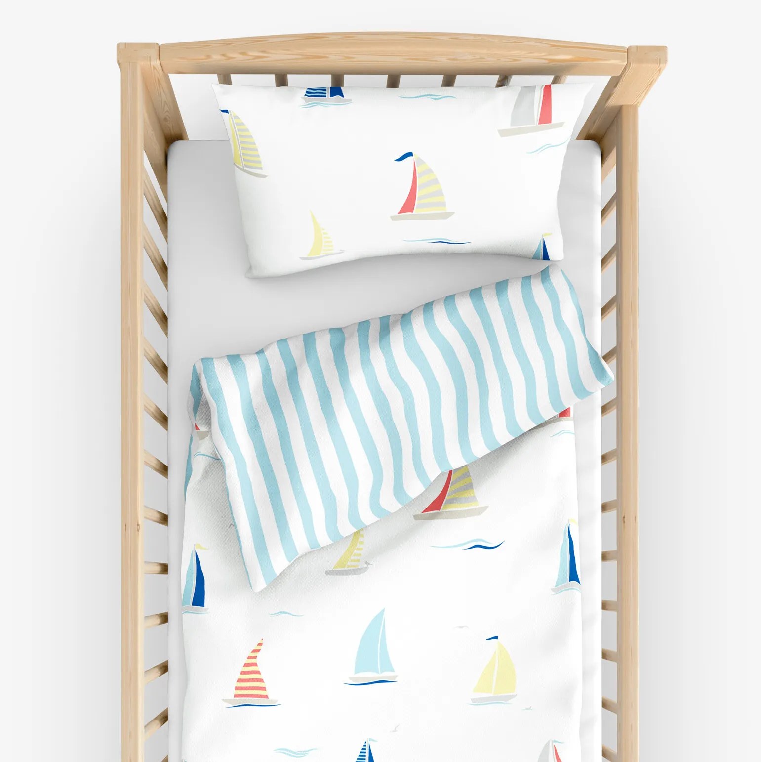 Goldea detské bavlnené obliečky do postieľky - plachetnice s modrými prúžkami 90 x 130 a 40 x 60 cm