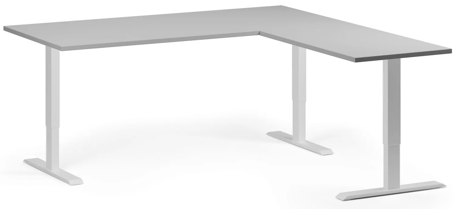 Výškovo nastaviteľný stôl, 180x180 cm, 3 motory, L/P, biela podnož, sivá