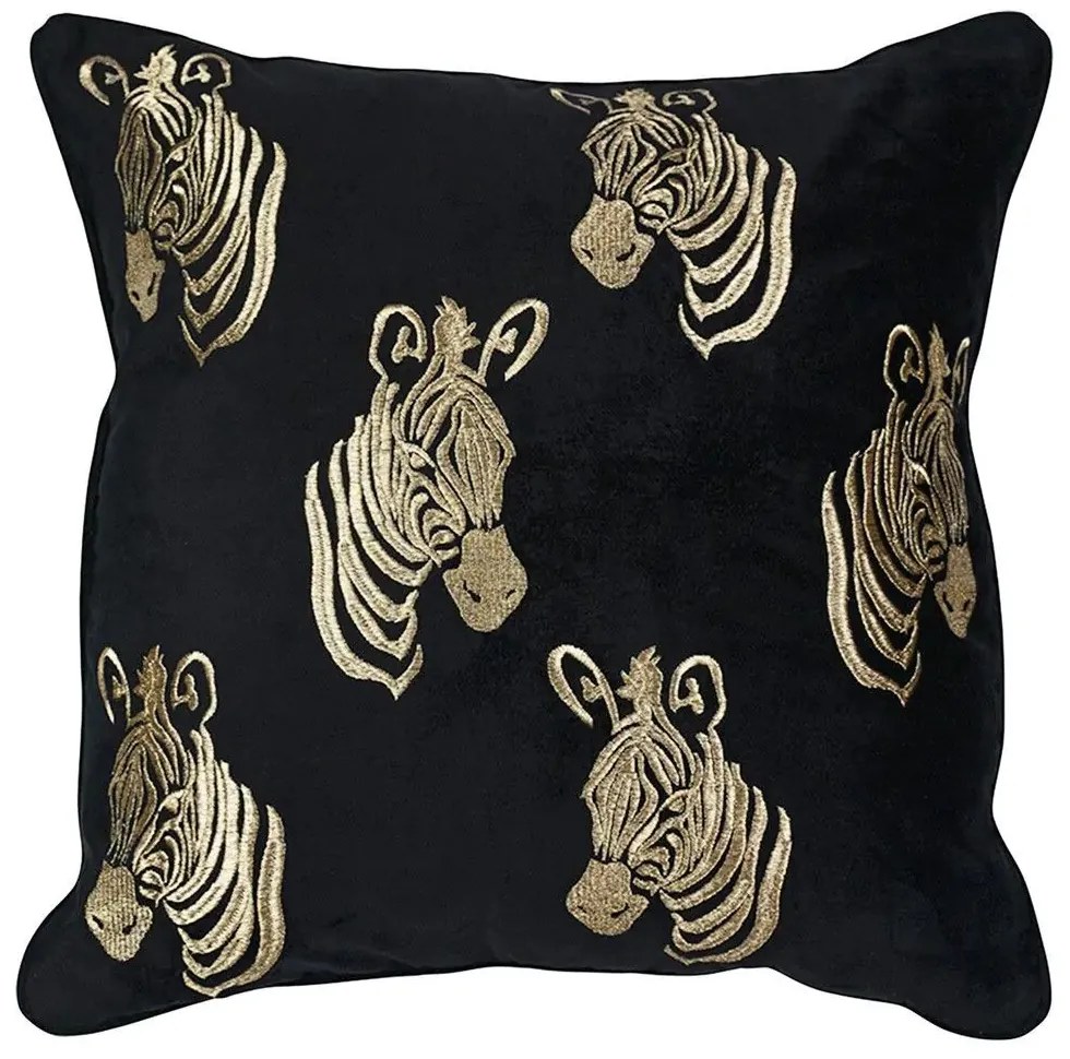 Čierny zamatový vankúš so zlatými zebrami - 45*45*16cm