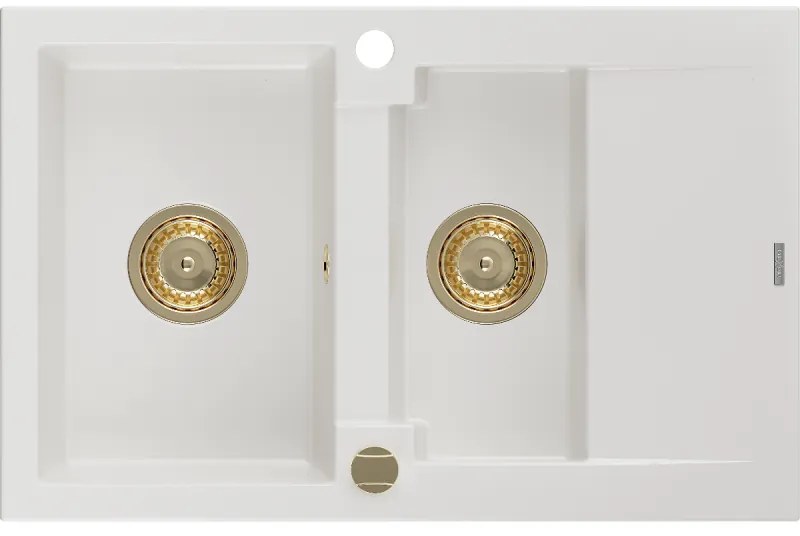 Mexen Gaspar, granitový drez 737x475x177 mm, 1,5-komorový, biela so zlatým sifónom, 6507731505-20-G
