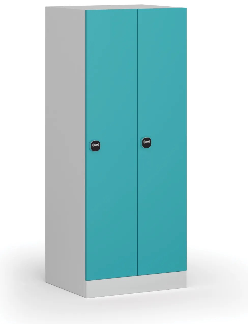 Šatníková skrinka znížená, 2 oddiely, 1500 x 600 x 500 mm, demont, zámok s čítačkou RFID kariet, zelené dvere