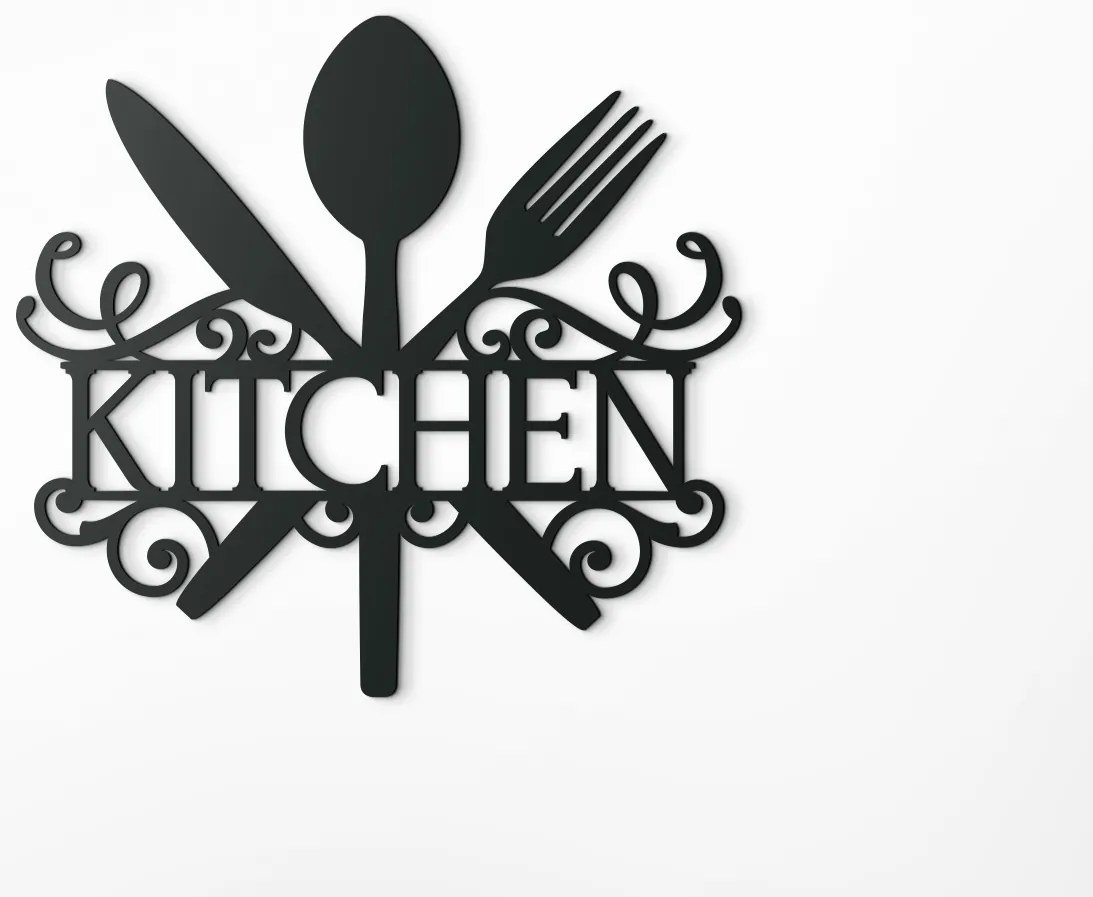 drevko Drevený nápis Kitchen s príborom a zdobením Rozmer obrazu: 32,5 x 34,5 cm, Farba dekorácie: Čierna