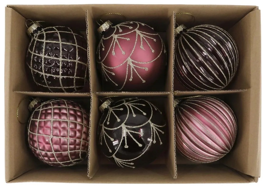 6ks ružovo-fialová sklenená vianočná ozdoba gule Chic - Ø 8 cm