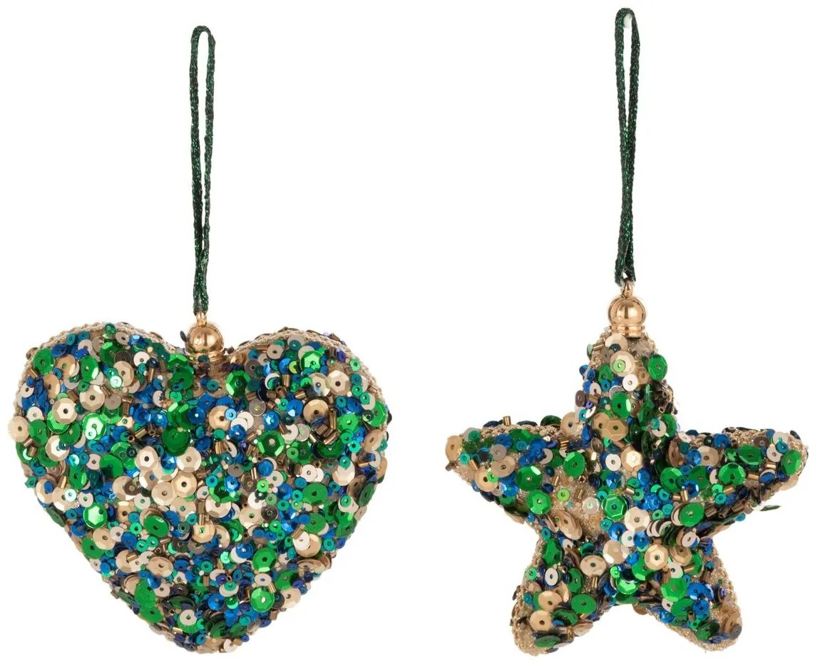 2ks zeleno-zlatá závesná ozdoba srdca a hviezda s flitrami - 9*9*3,5 cm