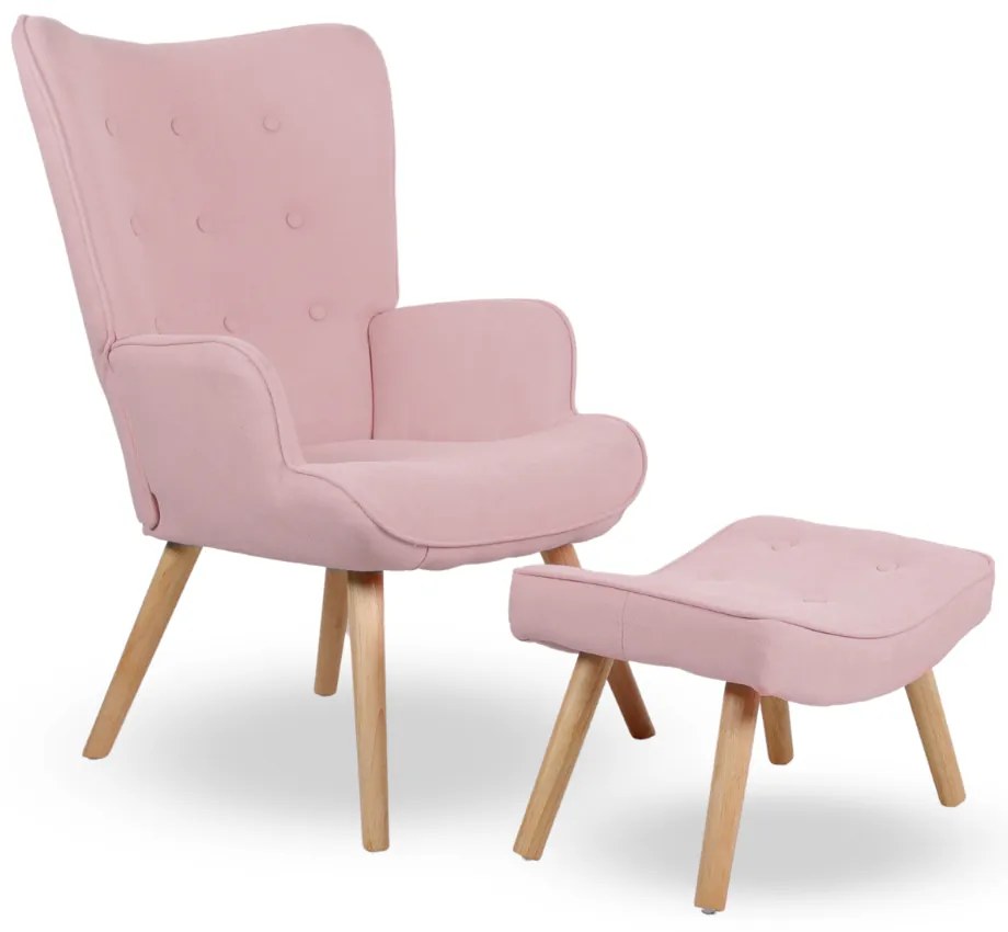 Kreslo ušiak CORDU + taburet — masív, látka, prírodná / ružová