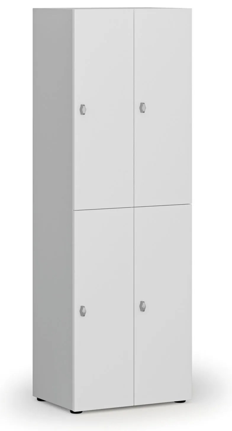 Drevená šatníková skrinka S4 s úložnými boxmi, 4 boxy, demont, otočný zámok, sivá/biela