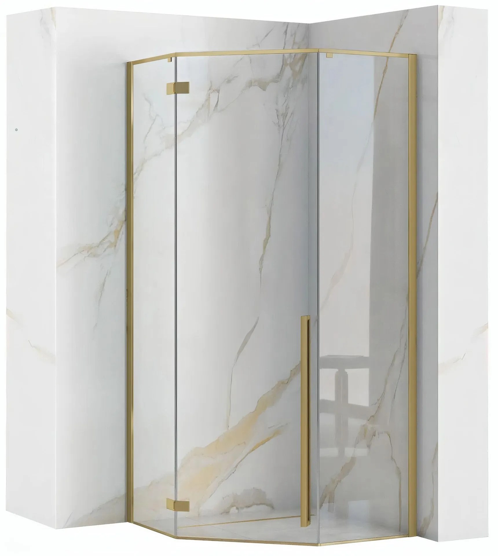 Rea Diamond, 5-uholníkový sprchovací kút 90x90, 6mm číre sklo, zlatý matný profil + čierna sprchová vanička, KPL-K6507