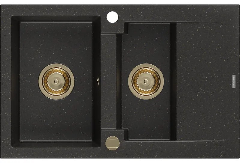 Mexen Gaspar, granitový drez 737x475x177 mm, 1,5-komorový, čierna-zlatá metalíza so zlatým sifónom, 6507731505-75-G