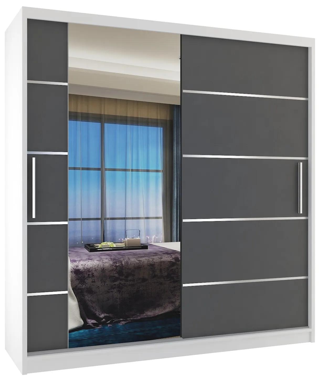 Šatníková skriňa 158 cm Belini biely mat / šedý matný s posunými dverami zrkadlom a zásuvkami MBP SZP7/0/W/SR/0/KLAL