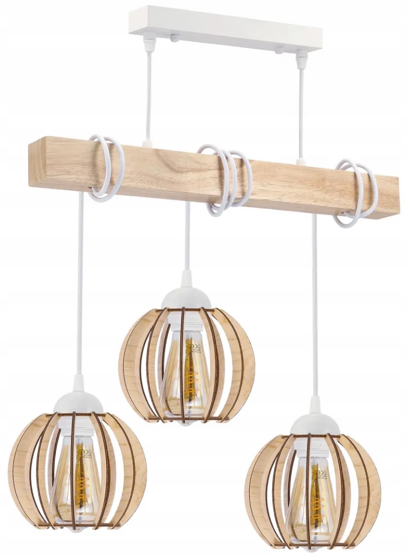 BERGE LED drevené závesné stropné svietidlo, biele, 3xE27, drevená guľa