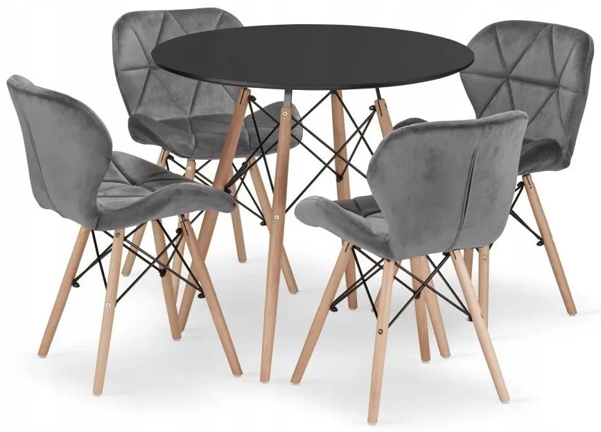 Jedálenská zostava TODI 80cm okrúhly stolový set čierny + 4 stoličky LAGO sivé