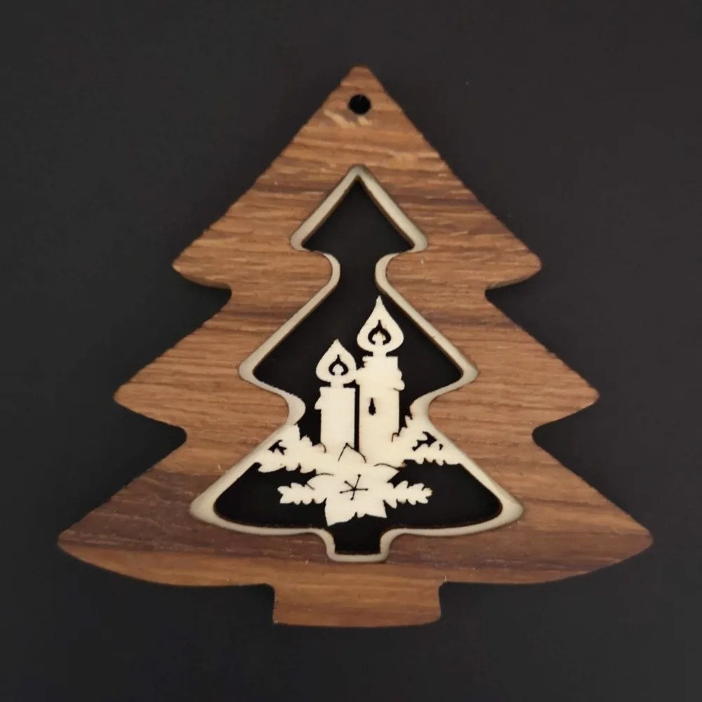 AMADEA Drevená ozdoba z masívu s vkladom - stromček so sviečkami 8 cm