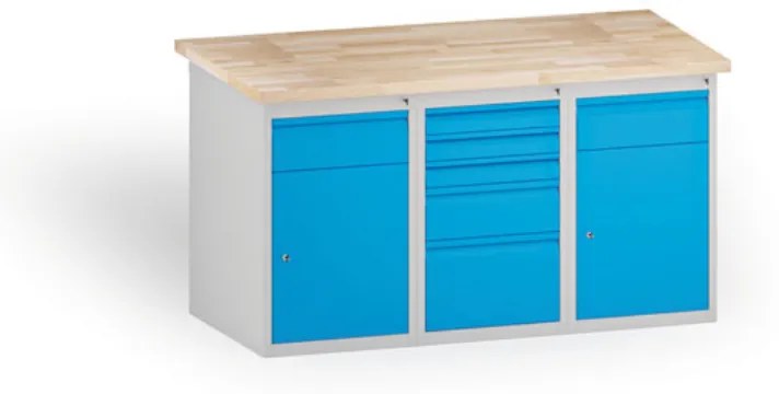 Dielenský stôl KOVONA, 2 závesné skrinky so zásuvkou a 5 zásuviek na náradie, buková škárovka, 1500 mm