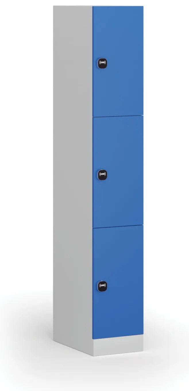 Šatníková skrinka s úložnými boxmi, 3 boxy, 1850 x 300 x 500 mm, demont, zámok s čítačkou RFID kariet, modré dvere