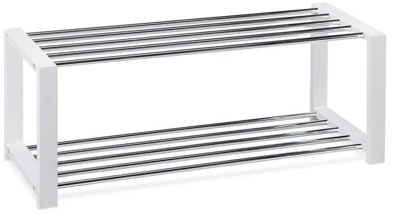 Botník, 2 kovové chromované police, masiv kaučukovník, bílý matný lak