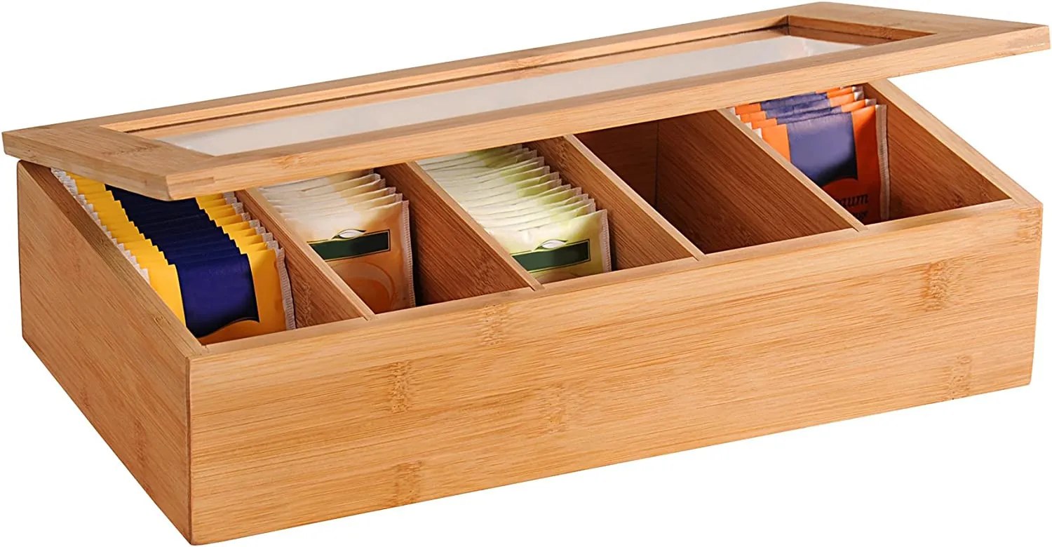 Bambusový organizér na čaj, krabička na čaje, 5 priehradiek