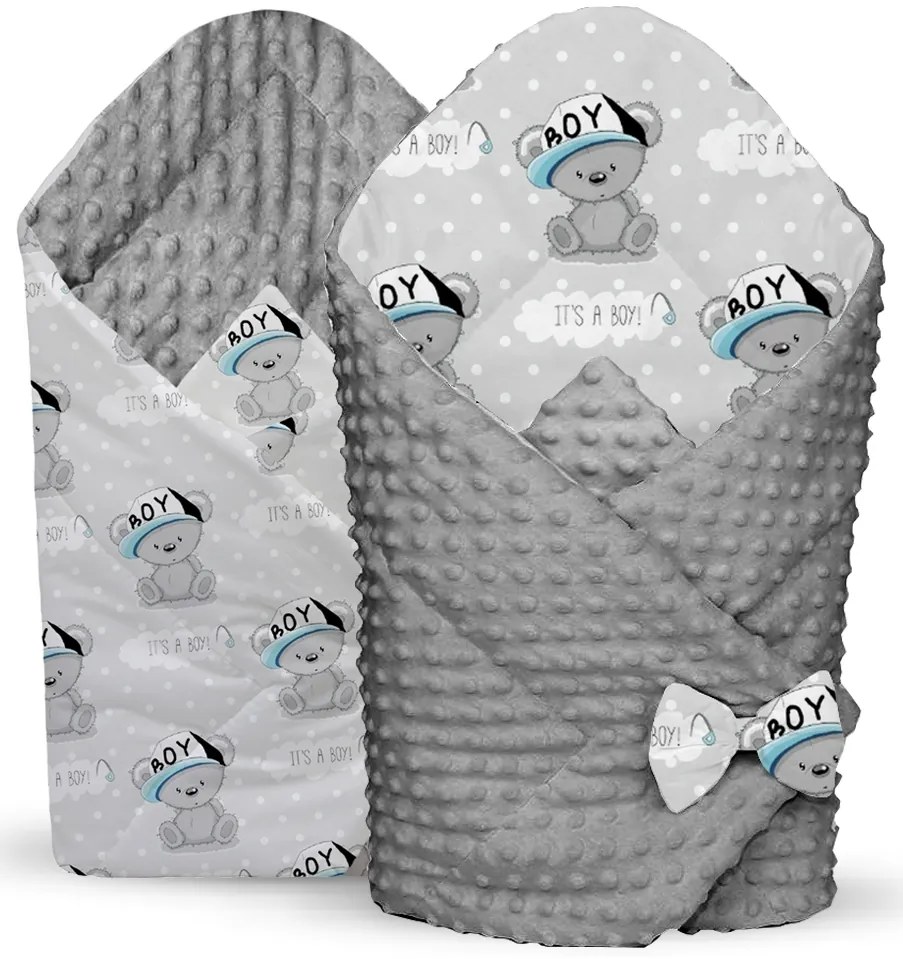 Obojstranná zavinovačka pre bábätká 80x80 cm BABYMAM PREMIUM - Medvedík Little BOY so sivou Minky